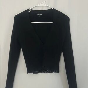 Black Ribbed Cropped Cardigan with Lace Trim
